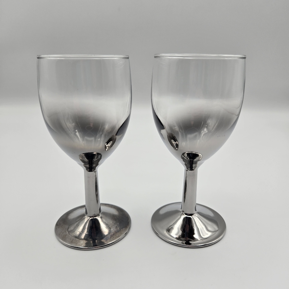 Vintage MCM France Ombre Clear Silver Cocktail Wine Glasses Goblets Set Of 2
